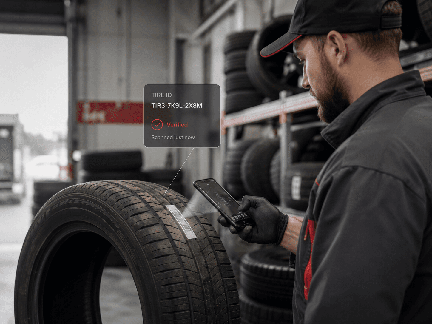 A shop technician scanning a tire's ID with a phone, showing a verified scan