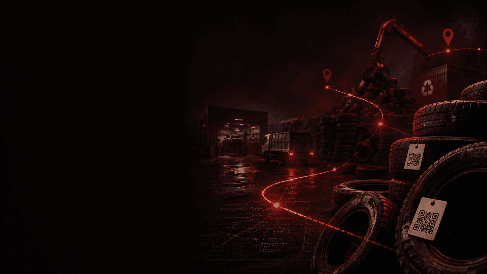 A tire yard at night with a glowing route tracing tires from the shop to the recycler